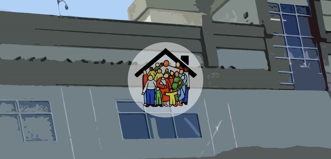 Shelter with people gathering to support each other.