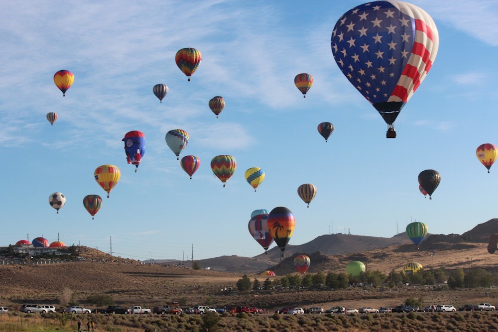 Hot air balloons hovering over the Great Reno Balloon Race.