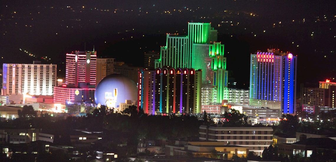 Nightime view of the downtown Reno skyline